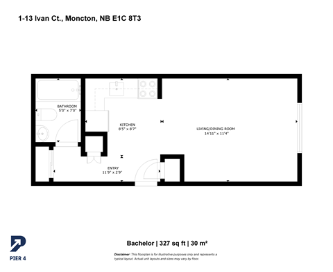 Floor plan for studio, 1 bath, 327 sqft